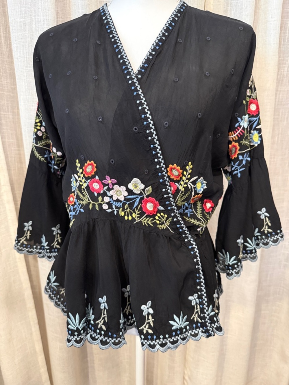 Johnny Was Black Embroidered Floral Wrap Tunic